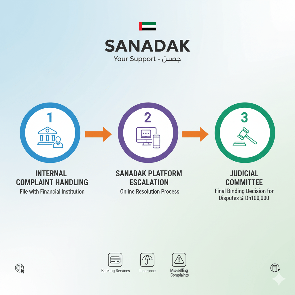 Three-stage Sanadak platform dispute resolution process for banking and insurance complaints in UAE showing escalation path to judicial committee