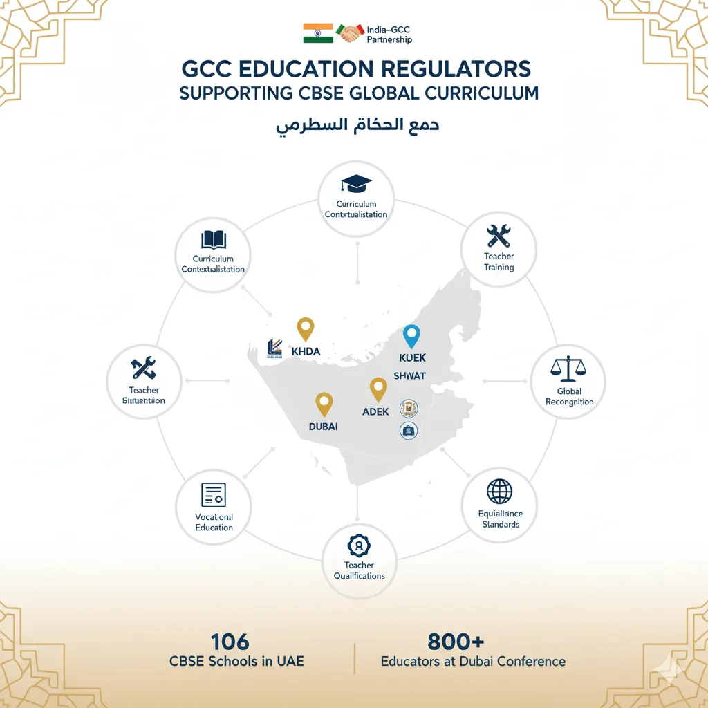 Create an image 16:9, make sure everything is centrally placed, nothing is cropped, minimalistic beautiful design, showing a collaborative map of GCC education regulators supporting CBSE Global Curriculum. Center the image with a stylized map silhouette of the Arabian Peninsula in light grey. On the map, mark key locations with pins and labels: Dubai (KHDA logo/icon), Abu Dhabi (ADEK logo/icon), Sharjah (SPEA logo/icon), plus locations for Oman, Bahrain, Kuwait, and Qatar education ministries. Around the map border, create six circular nodes connected by lines showing collaboration areas: "Curriculum Contextualisation" (book icon), "Teacher Training" (graduation cap icon), "Vocational Education" (tools icon), "Teacher Qualifications" (certificate icon), "Equivalence Standards" (scales icon), "Global Recognition" (globe icon). Use colour coding: UAE locations in gold (#FFD700), other GCC locations in blue (#0066CC). At the top, display "GCC EDUCATION REGULATORS" in bold text with "SUPPORTING CBSE GLOBAL CURRICULUM" as subtitle. Include small India-GCC partnership icon showing handshake between Indian and UAE flags. At bottom, show statistics: "106 CBSE Schools in UAE" on left, "800+ Educators at Dubai Conference" on right. Use clean white background with subtle sand/desert colour gradient (#F5DEB3 to white) to reflect Gulf region. Include decorative Arabic geometric patterns in corners. The design should communicate regional cooperation, educational excellence, and international partnership. Use modern, professional typography with bilingual hints (English primary, Arabic decorative elements).