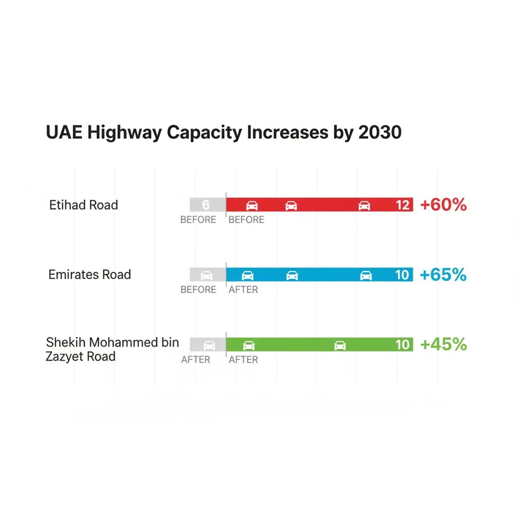 Bar chart comparing UAE highway capacity increases showing Etihad Road 60% boost to 12 lanes, Emirates Road 65% expansion to 10 lanes, and Sheikh Mohammed bin Zayed Road 45% increase