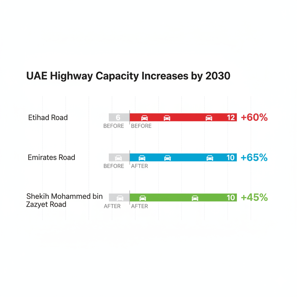 Bar chart comparing UAE highway capacity increases showing Etihad Road 60% boost to 12 lanes, Emirates Road 65% expansion to 10 lanes, and Sheikh Mohammed bin Zayed Road 45% increase