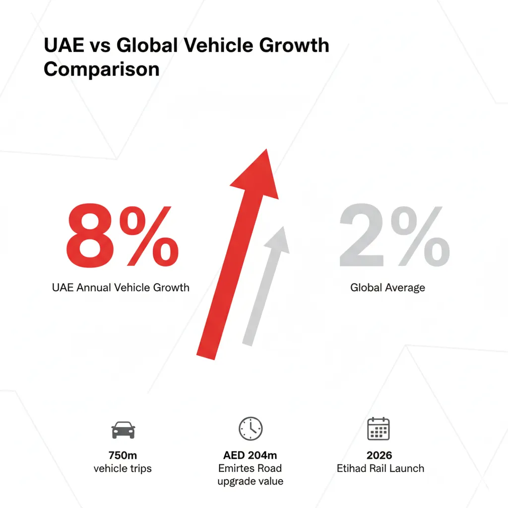 Infographic comparing UAE's 8% annual vehicle growth rate versus 2% global average, highlighting the need for major transport infrastructure expansion

