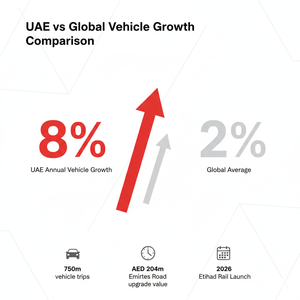 Infographic comparing UAE's 8% annual vehicle growth rate versus 2% global average, highlighting the need for major transport infrastructure expansion

