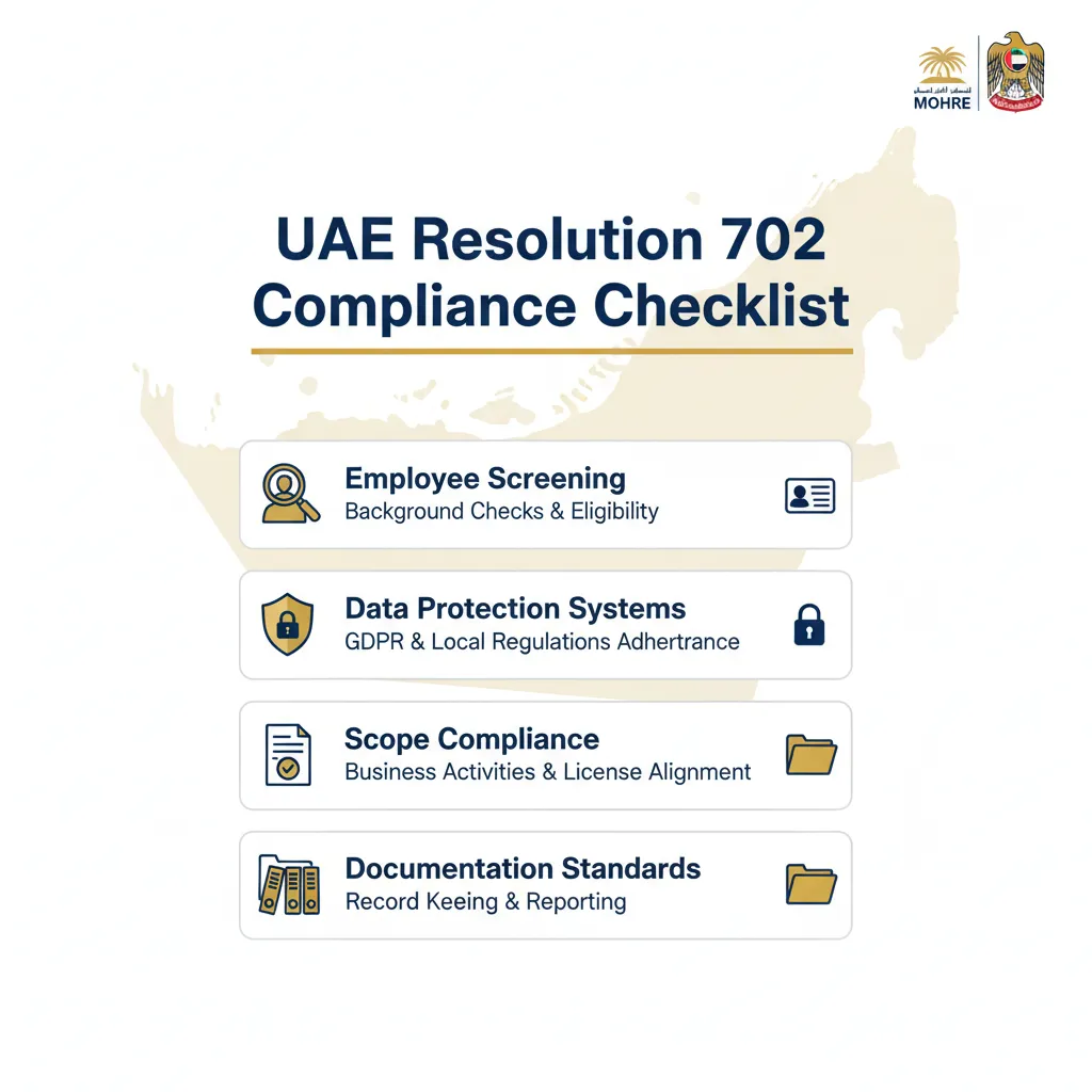 UAE business centre compliance checklist showing employee screening, data protection, scope compliance and documentation requirements under MoHRE Resolution 702