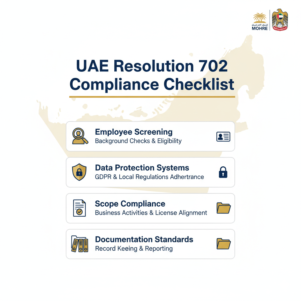 UAE business centre compliance checklist showing employee screening, data protection, scope compliance and documentation requirements under MoHRE Resolution 702