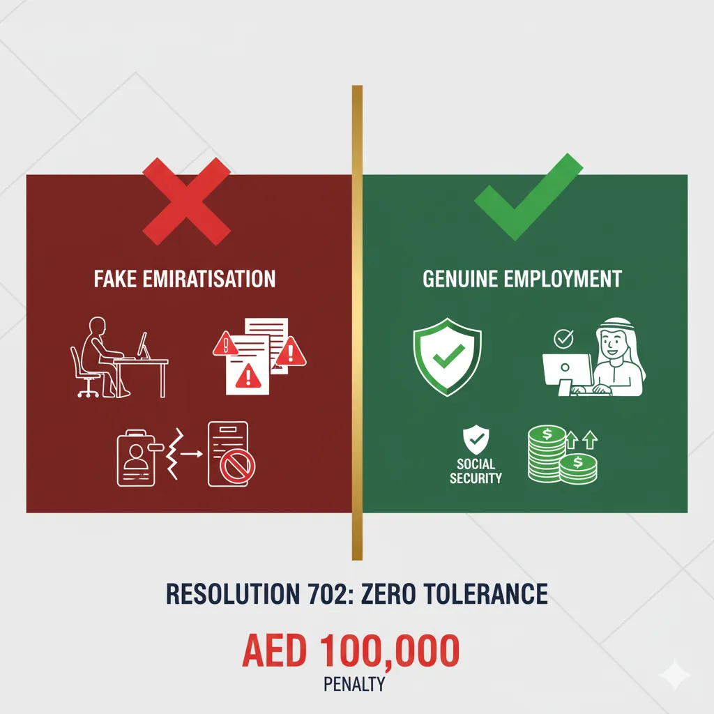 Diagram contrasting fake Emiratisation violations with compliant practices under UAE Resolution 702, showing AED 100,000 penalty warnings