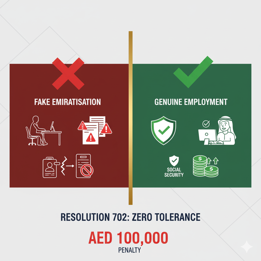 Diagram contrasting fake Emiratisation violations with compliant practices under UAE Resolution 702, showing AED 100,000 penalty warnings