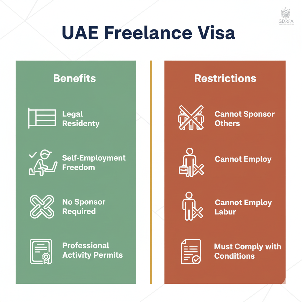 Comparison chart showing UAE freelance visa benefits including legal residency and self-employment versus restrictions on sponsorship and employment