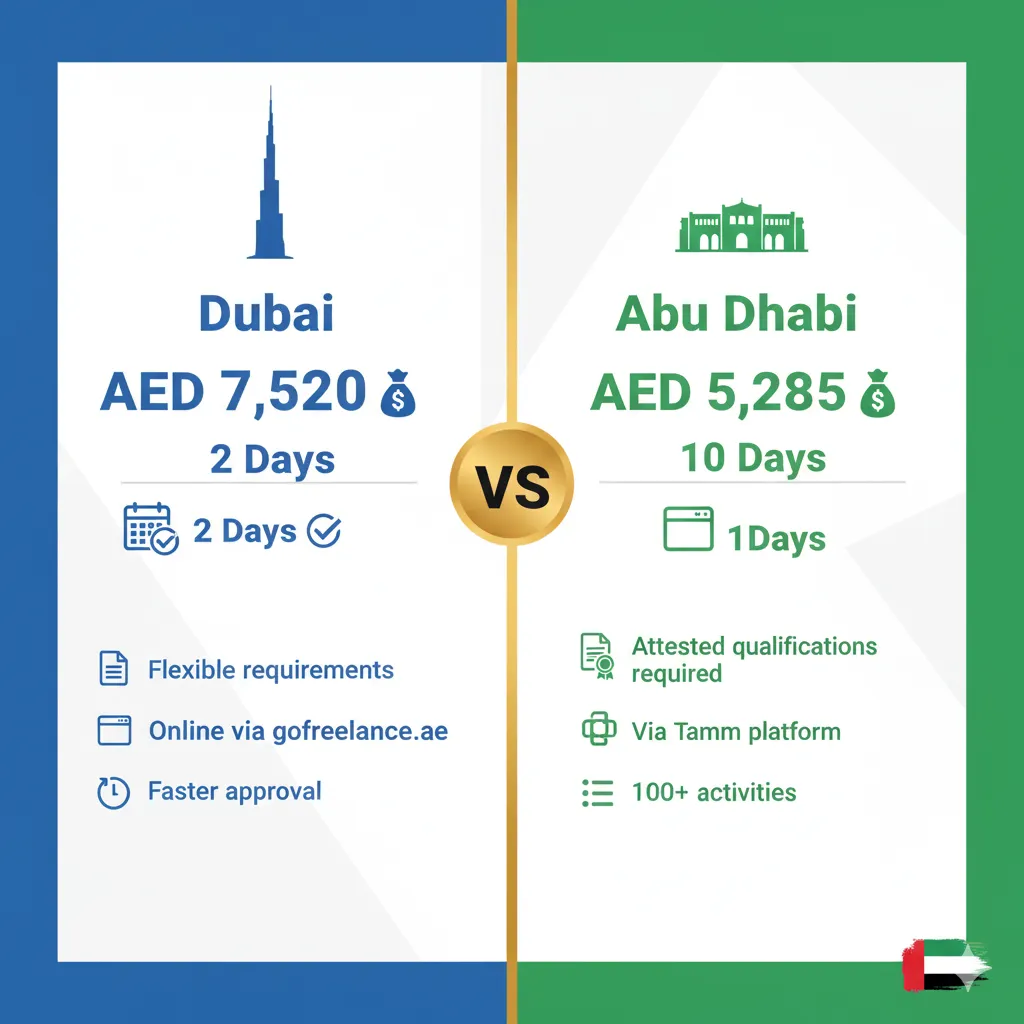 Comparison chart showing Dubai freelance licence at AED 7,520 with 2-day processing versus Abu Dhabi at AED 5,285 with 10-day processing