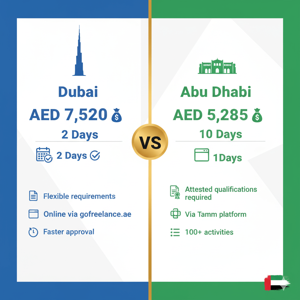 Comparison chart showing Dubai freelance licence at AED 7,520 with 2-day processing versus Abu Dhabi at AED 5,285 with 10-day processing