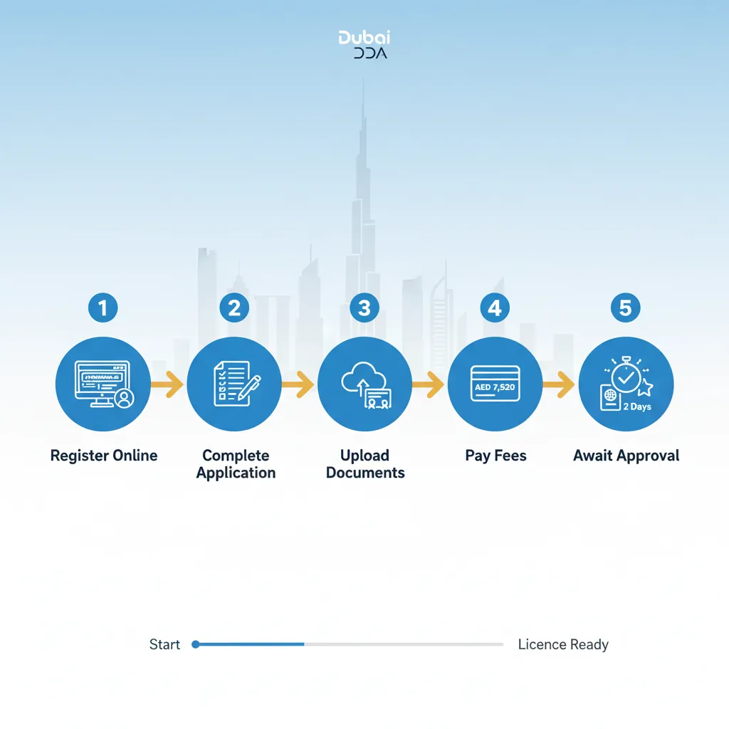 Five-step timeline showing Dubai freelance licence application process from online registration through approval in 2 days