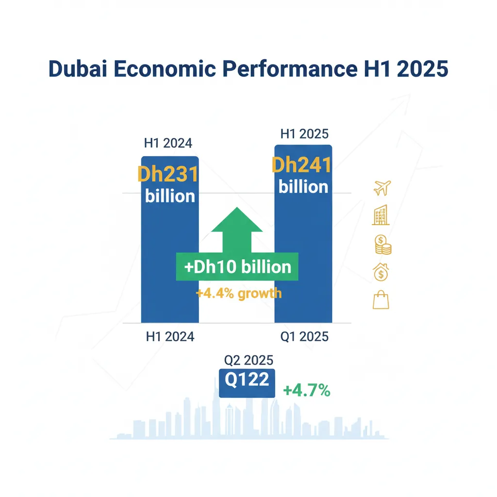 Dubai GDP growth chart showing 4.4% increase to Dh241 billion in H1 2025 with sector performance indicators