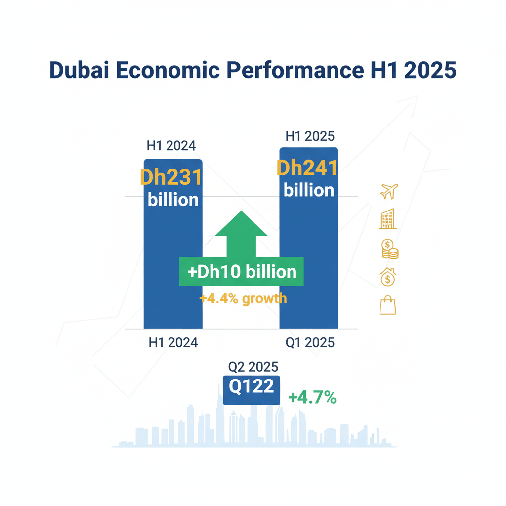Dubai GDP growth chart showing 4.4% increase to Dh241 billion in H1 2025 with sector performance indicators