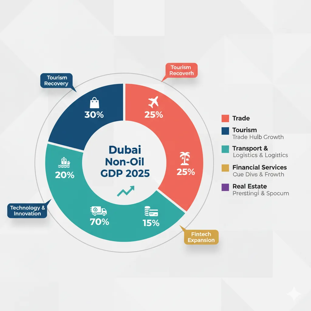 Dubai economic sectors breakdown showing trade, tourism, transport, finance, and real estate contributions to 2025 GDP growth