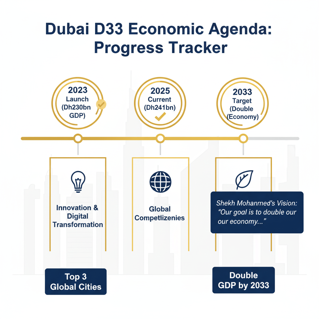 Dubai Economic Agenda D33 progress tracker showing pathway from 2023 launch to 2033 target with current 2025 achievements