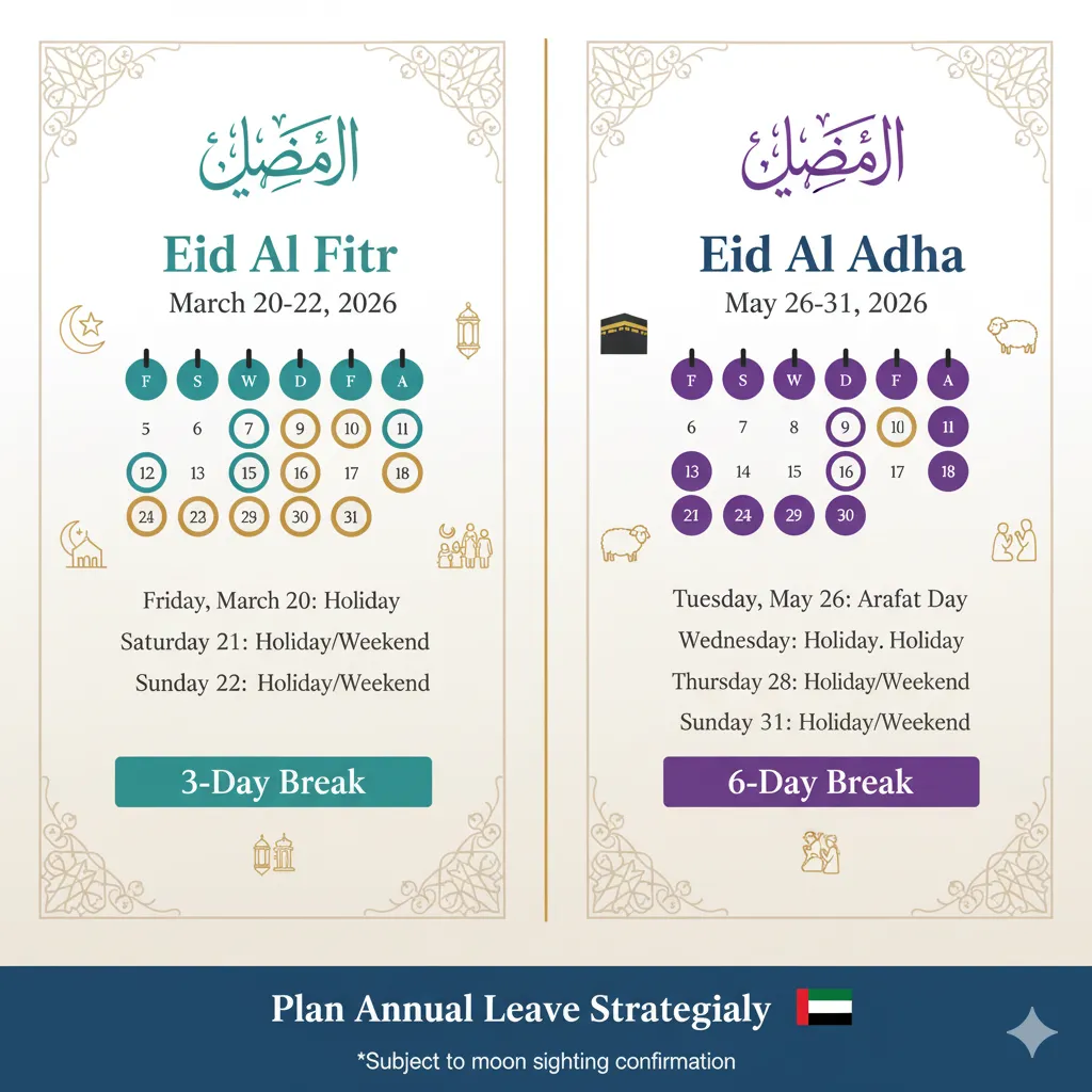 Comparison infographic showing Eid Al Fitr 3-day weekend and Eid Al Adha 6-day break opportunities in UAE 2026