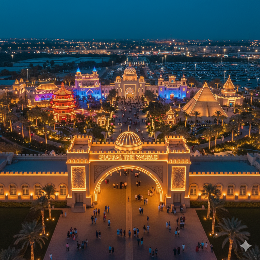 Global Village Dubai Season 30 entrance at night showing cultural pavilions and families entering the venue