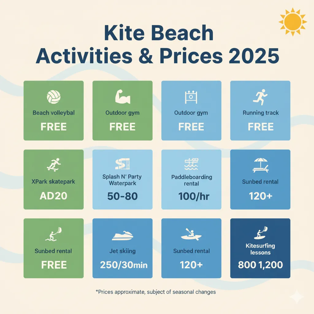 Kite Beach Dubai activities pricing chart showing free and paid options including water sports, fitness facilities, and family entertainment