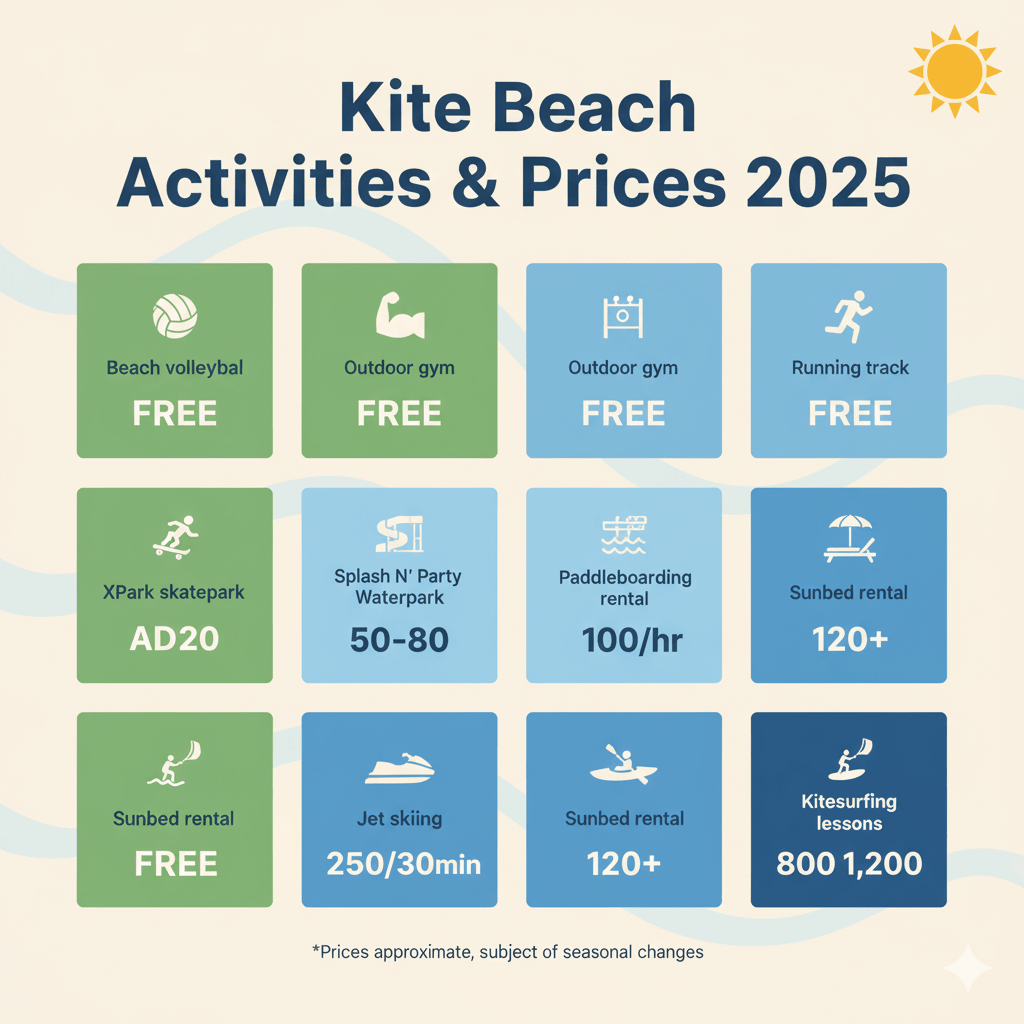 Kite Beach Dubai activities pricing chart showing free and paid options including water sports, fitness facilities, and family entertainment