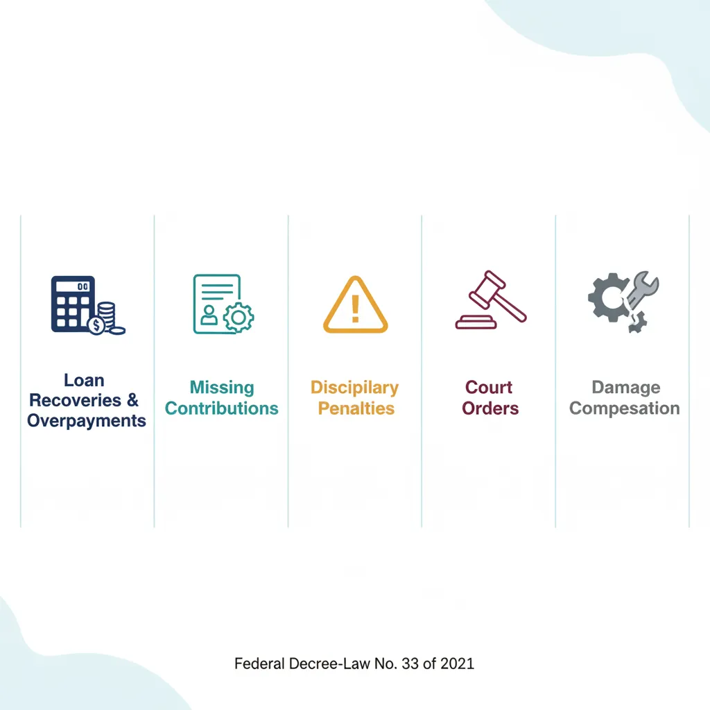 Infographic showing five legal categories for UAE gratuity deductions under Federal Law 33 of 2021