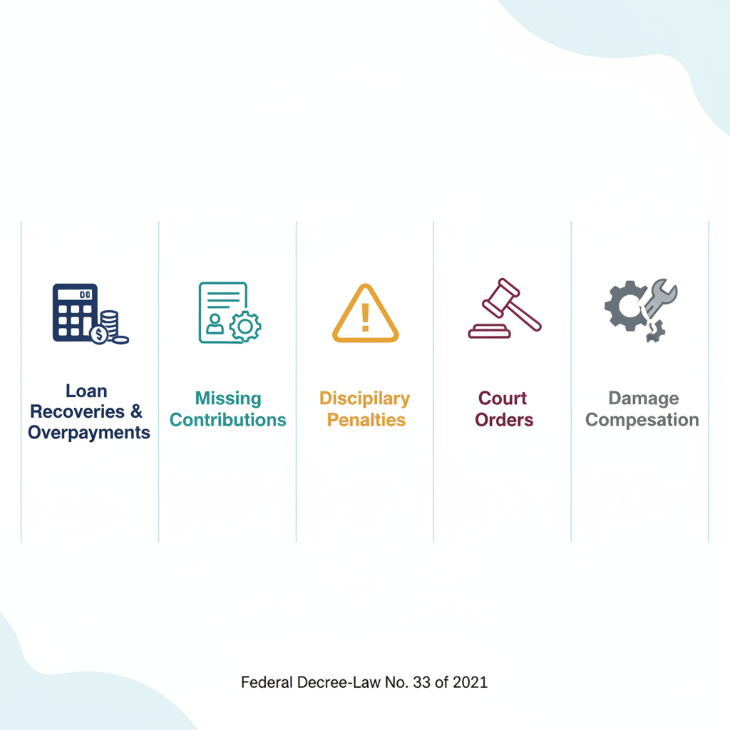 Infographic showing five legal categories for UAE gratuity deductions under Federal Law 33 of 2021