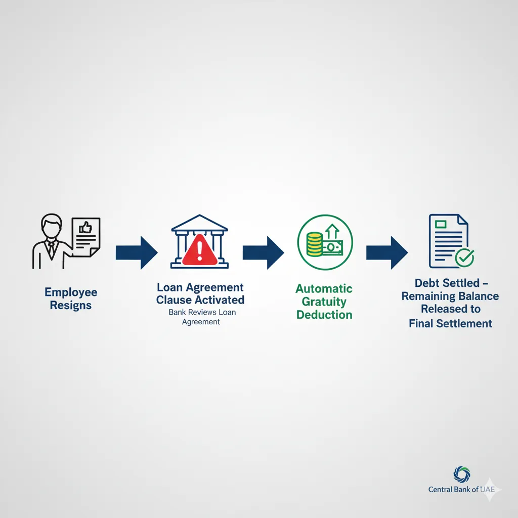 Flowchart showing how UAE banks claim end-of-service gratuity for outstanding loan repayment