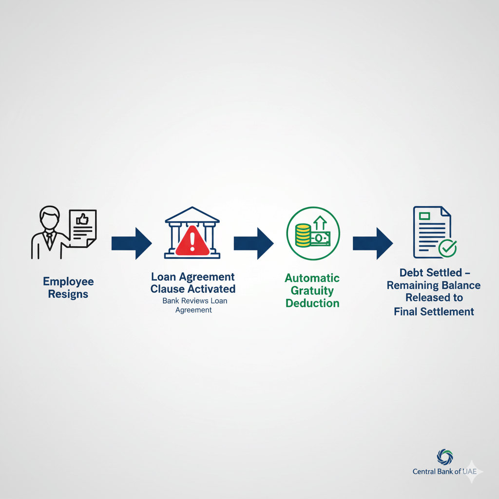 Flowchart showing how UAE banks claim end-of-service gratuity for outstanding loan repayment
