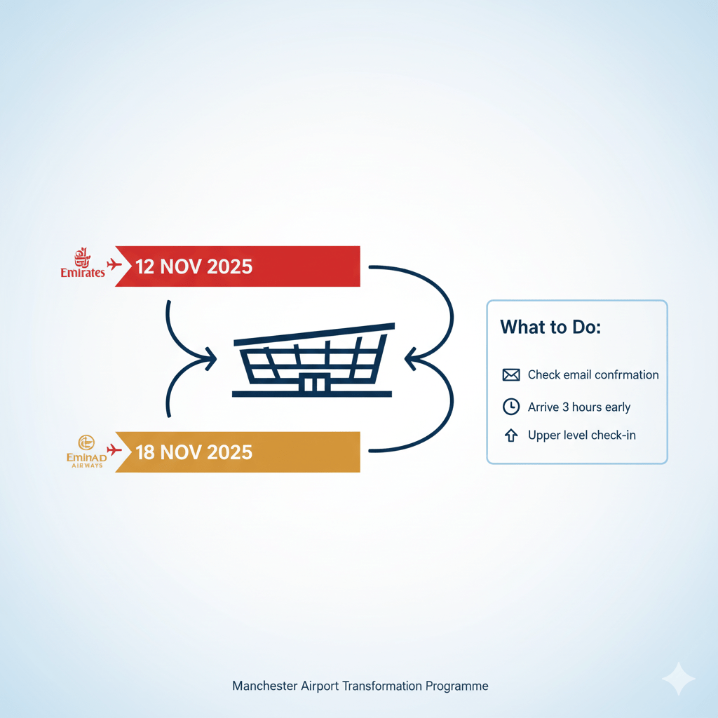 Timeline showing Emirates and Etihad Airways moving to Manchester Airport Terminal 2 in November 2025
