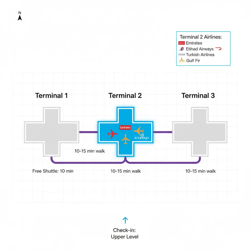 Manchester Airport terminal map highlighting Terminal 2 location for Emirates and Etihad passengers