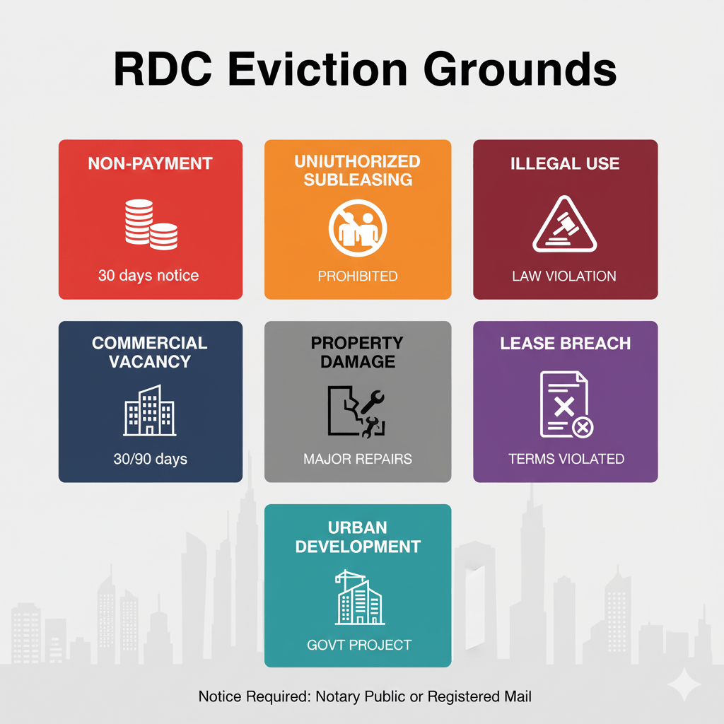 Infographic showing seven legal grounds for Dubai landlords to evict tenants under RDC regulations