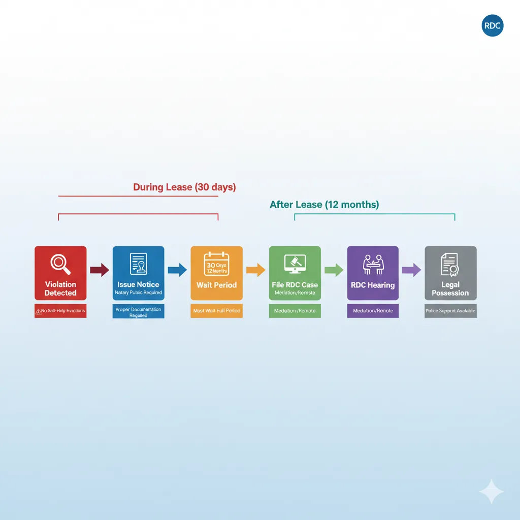 Timeline flowchart showing legal eviction process steps for Dubai landlords from notice to possession