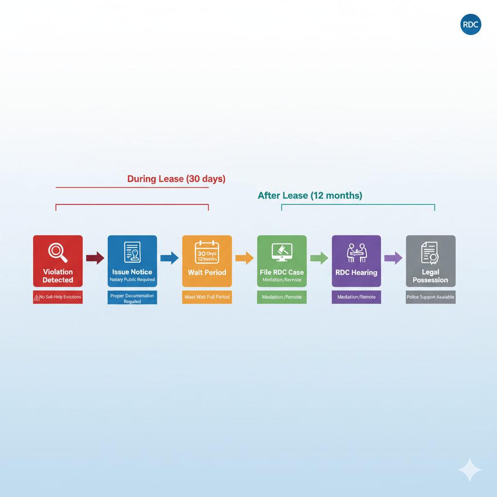 Timeline flowchart showing legal eviction process steps for Dubai landlords from notice to possession