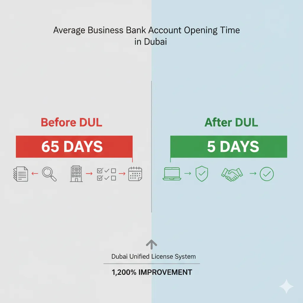 Timeline comparison showing Dubai business bank account opening reduced from 65 days to 5 days through DUL system