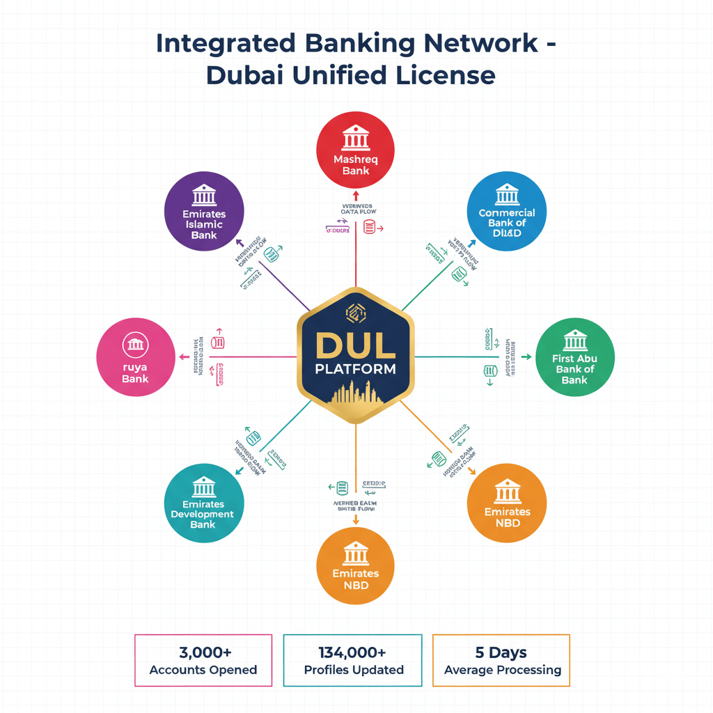 Network diagram showing seven participating UAE banks integrated with Dubai Unified Licence platform