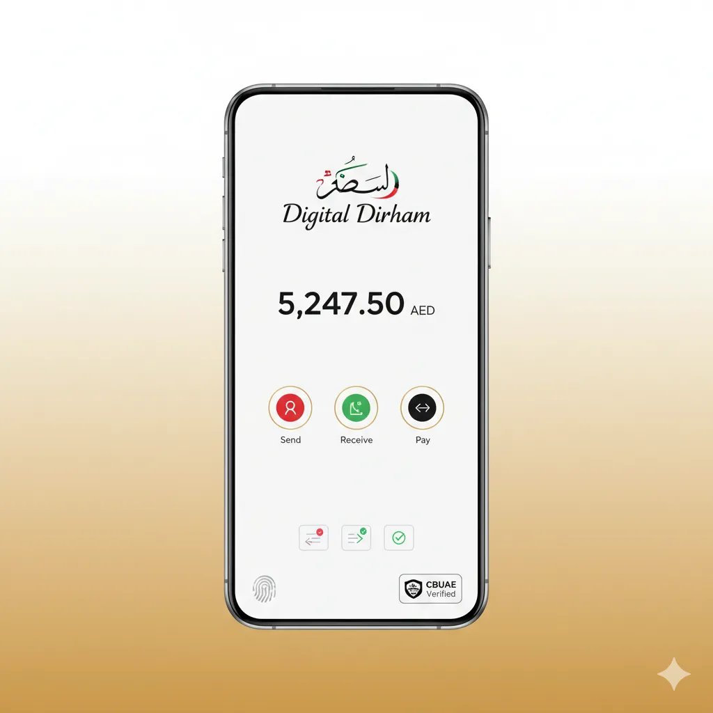 Digital Dirham mobile wallet interface showing AED balance and payment options on smartphone screen