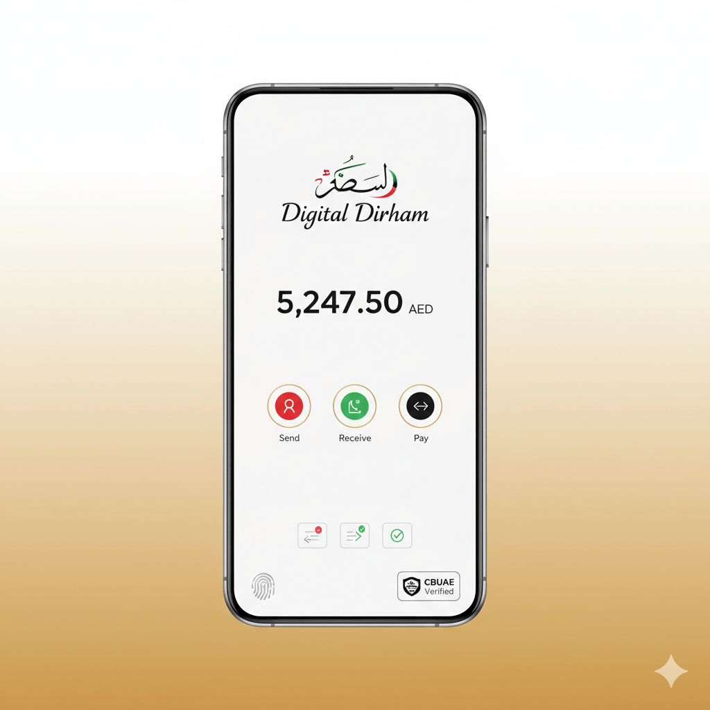 Digital Dirham mobile wallet interface showing AED balance and payment options on smartphone screen