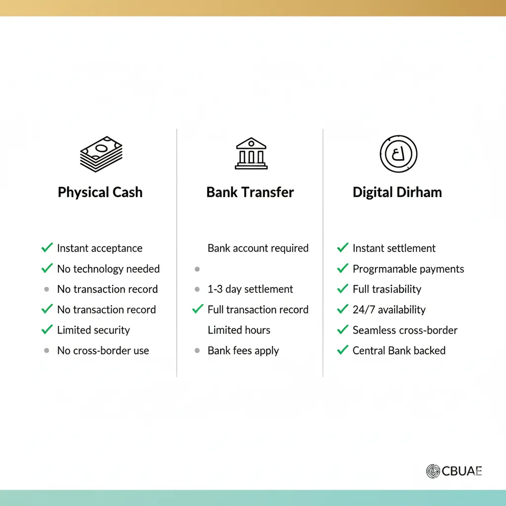 Comparison chart showing features of physical cash, bank transfers, and Digital Dirham payment methods