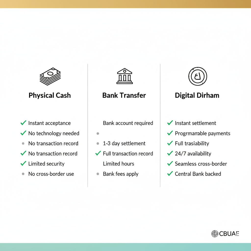 Comparison chart showing features of physical cash, bank transfers, and Digital Dirham payment methods