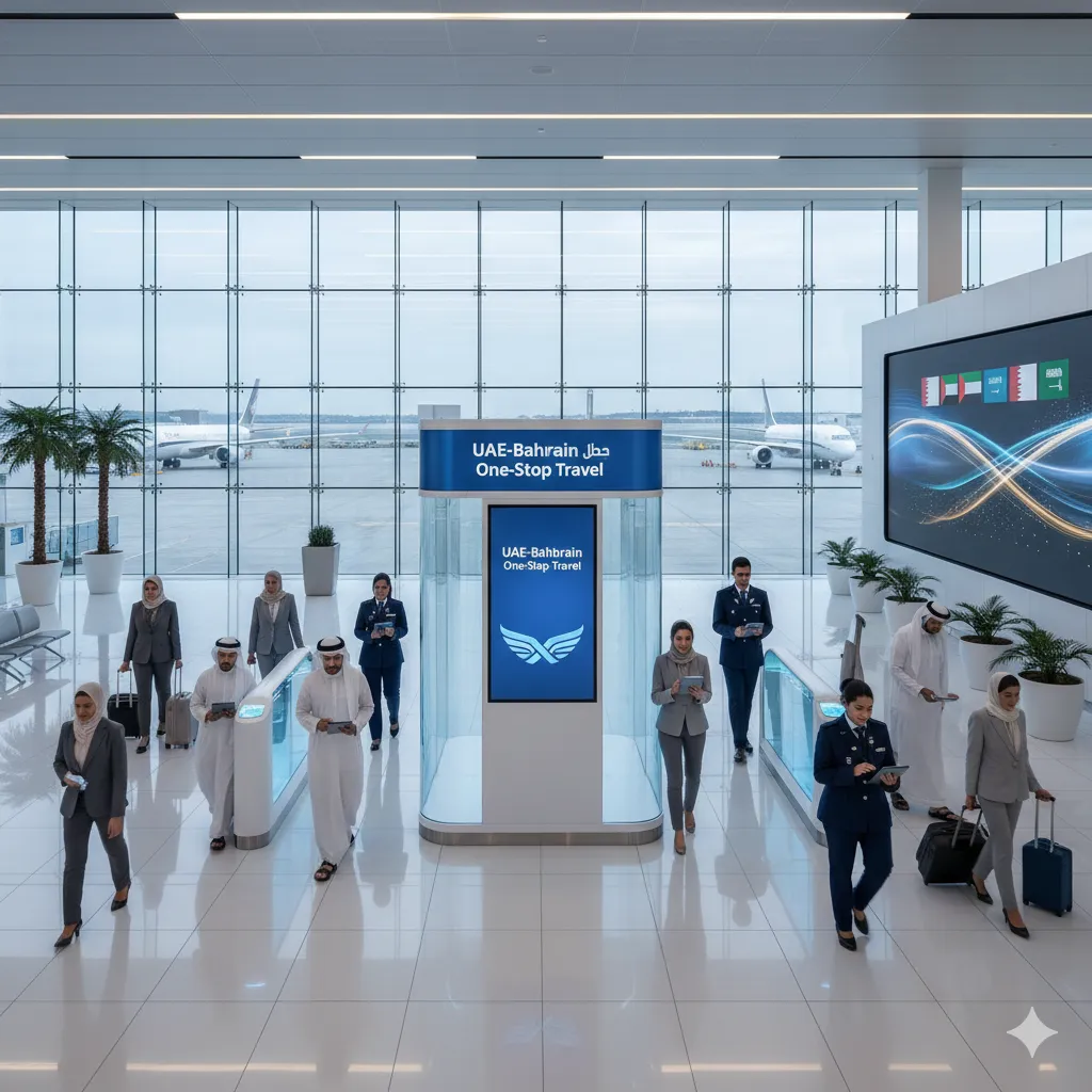 GCC one-stop travel system checkpoint showing streamlined immigration processing at modern Gulf airport terminal