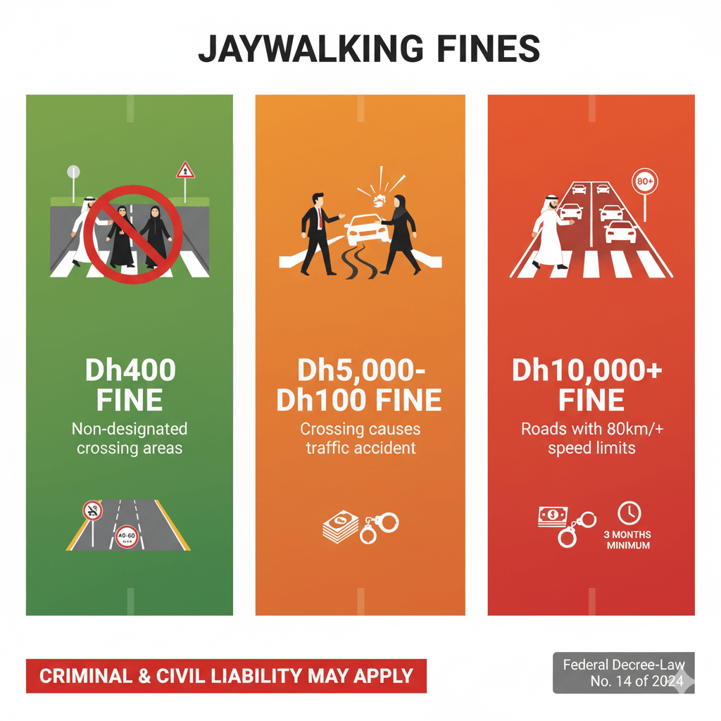 UAE jaywalking penalty structure showing three tiers of fines from Dh400 to Dh10,000 based on road type and accident causation