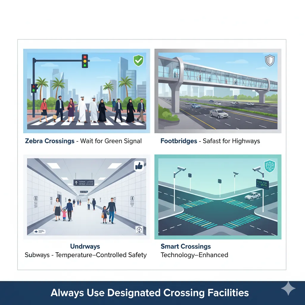 Four types of legal pedestrian crossings in UAE including zebra crossings, footbridges, subways, and smart crossing systems