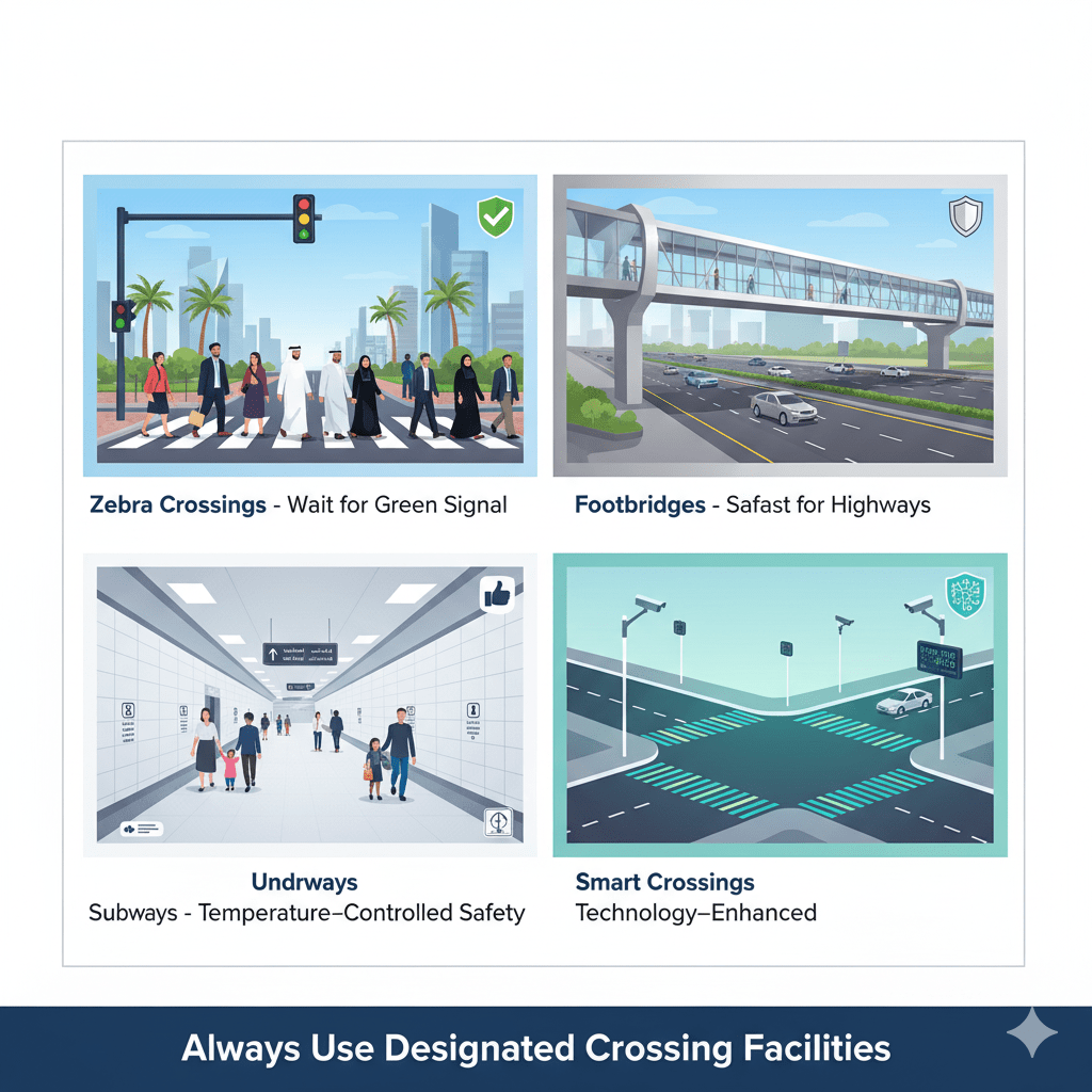 Four types of legal pedestrian crossings in UAE including zebra crossings, footbridges, subways, and smart crossing systems