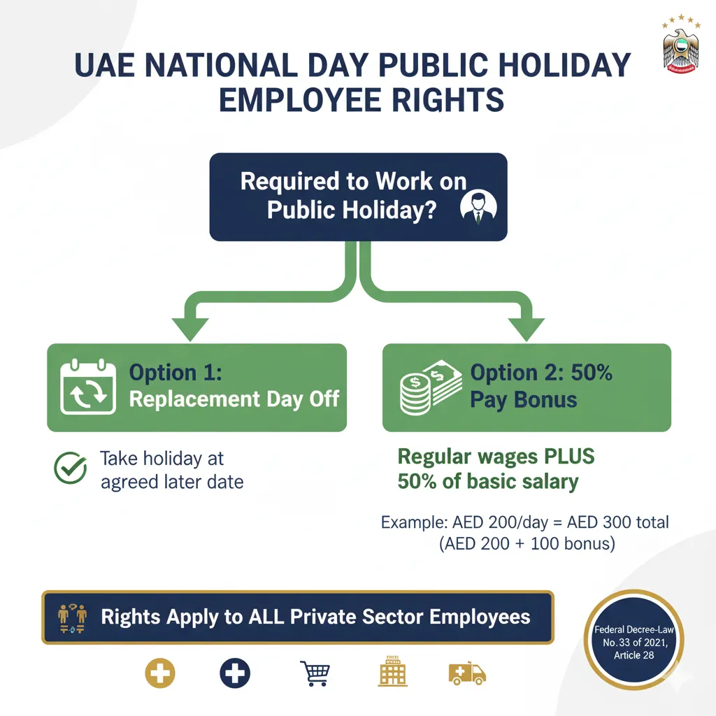 Infographic explaining UAE employee compensation rights when working on National Day public holiday including replacement day or 50% pay bonus