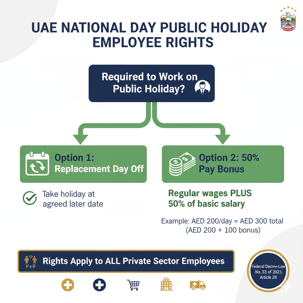 Infographic explaining UAE employee compensation rights when working on National Day public holiday including replacement day or 50% pay bonus