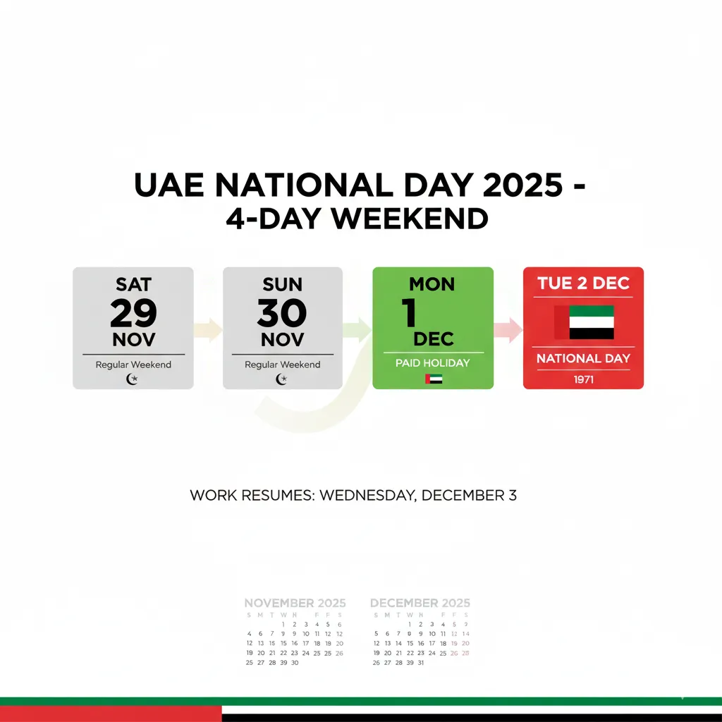 Calendar showing UAE National Day 2025 four-day weekend from Saturday November 29 to Tuesday December 2 with paid holiday dates
