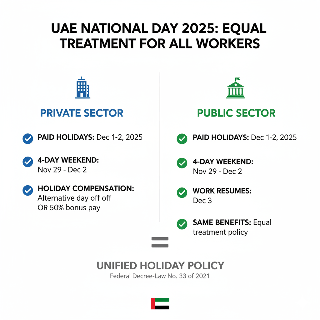 Infographic comparing private and public sector UAE National Day holiday entitlements showing unified policy with equal benefits