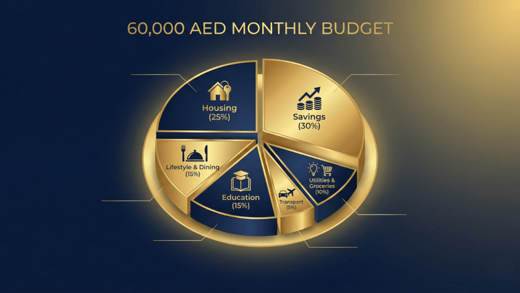 Pie chart showing a recommended budget breakdown for a 60,000 AED monthly salary in Dubai.