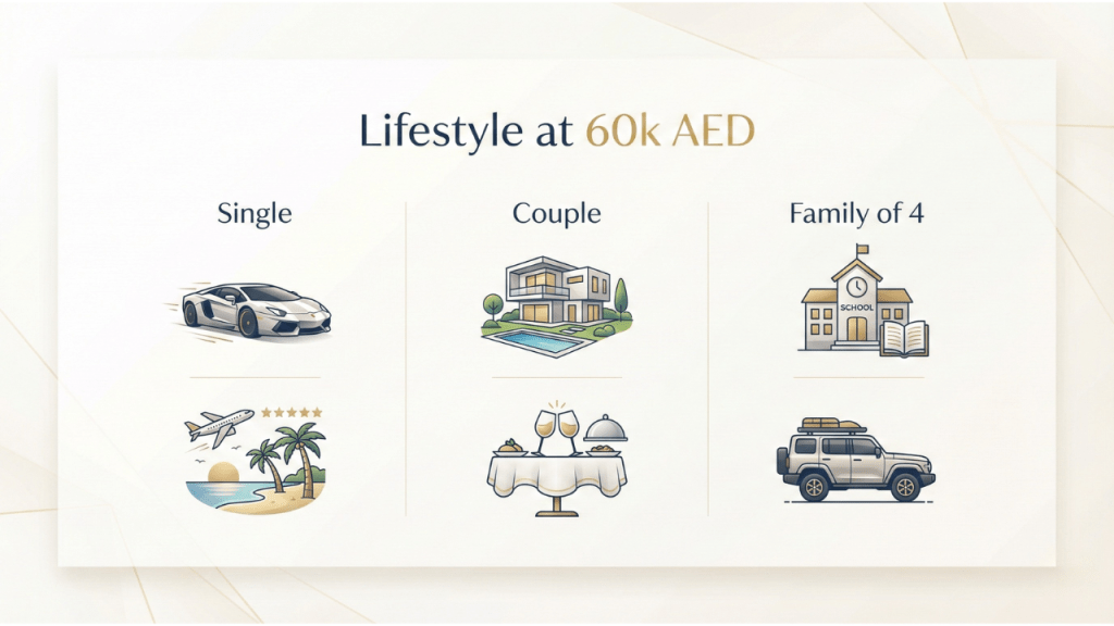 Infographic illustrating the different lifestyles a single person, a couple, and a family can afford with a 60,000 AED salary in Dubai.