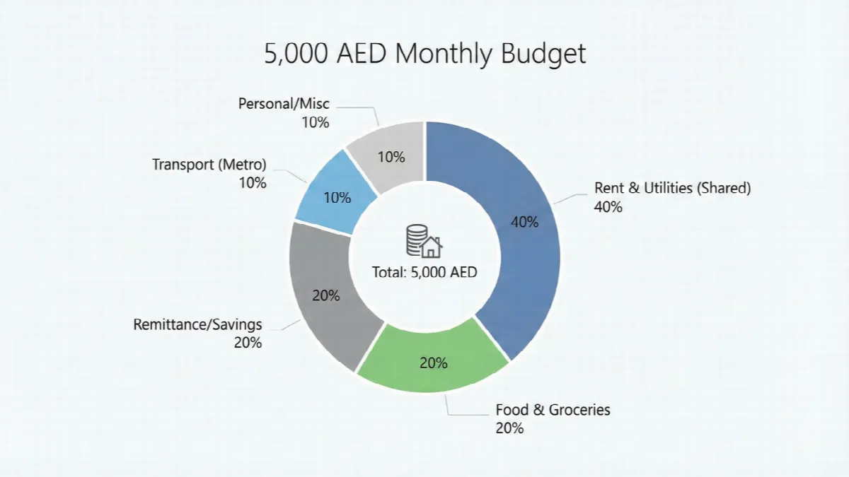 Chart showing a realistic monthly budget breakdown for a 5,000 AED salary in Dubai.