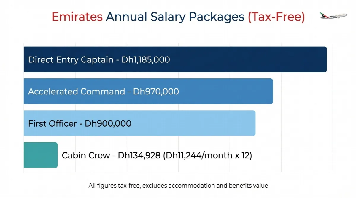 Chart comparing Emirates job salaries from cabin crew at Dh11,244 monthly to captains earning Dh1.185 million annually