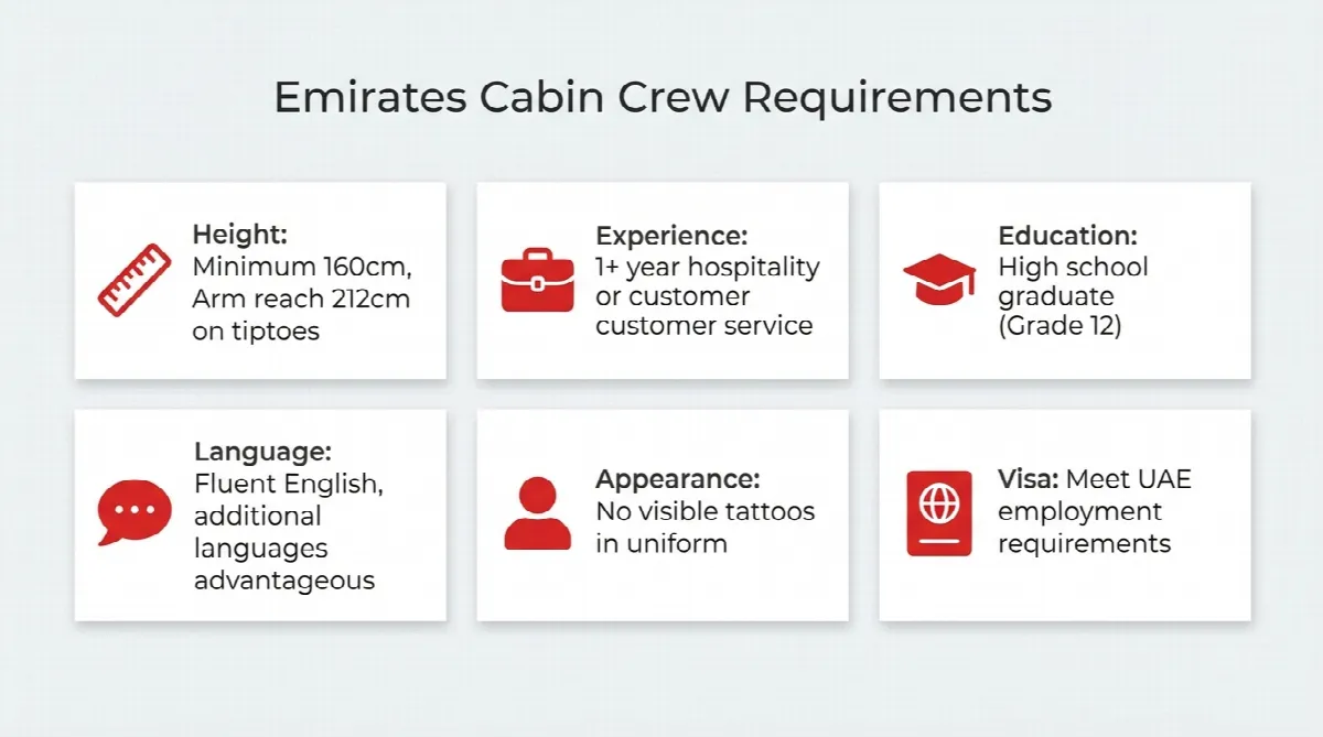 Infographic showing Emirates cabin crew eligibility requirements including height, experience, and language skills